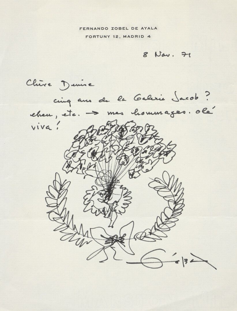 Null 费尔南多-佐贝尔-德-亚拉(1924-1984)


花束


钢笔和墨水，信纸上有作者的地址，日期为71年11月8日的右上方，顶部有献词，右下方有签&hellip;