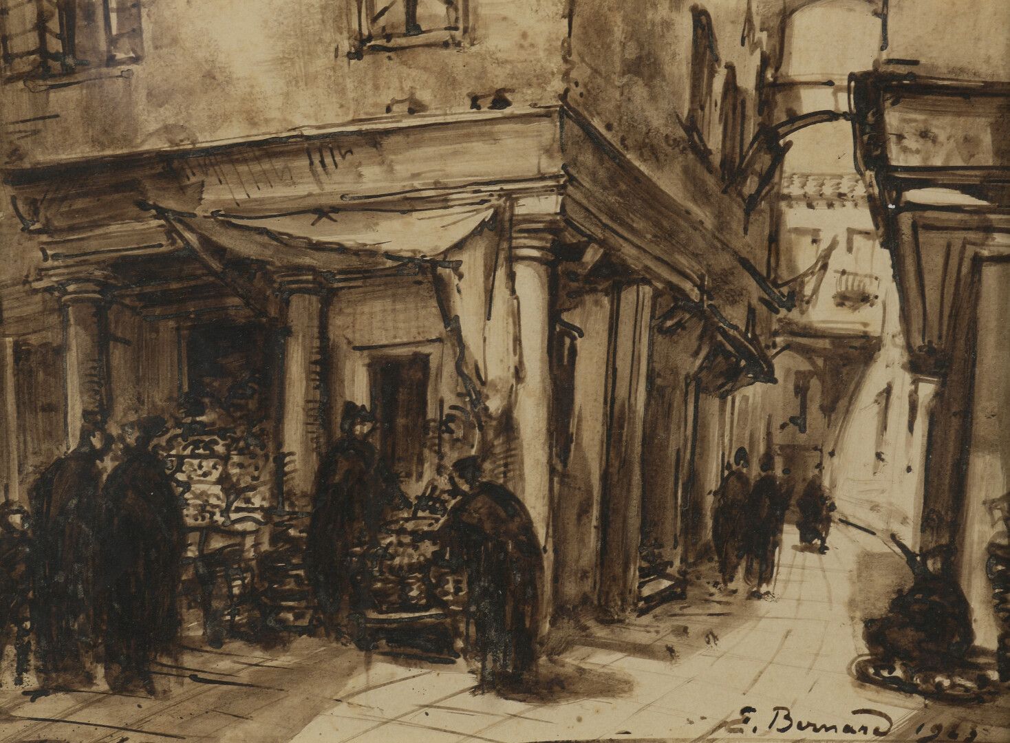 Null 埃米尔-亨利-贝尔纳(Émile Henri BERNARD) (1868-1941)


意大利繁忙的街道


棕色水墨画，右下方有签名和日期190&hellip;