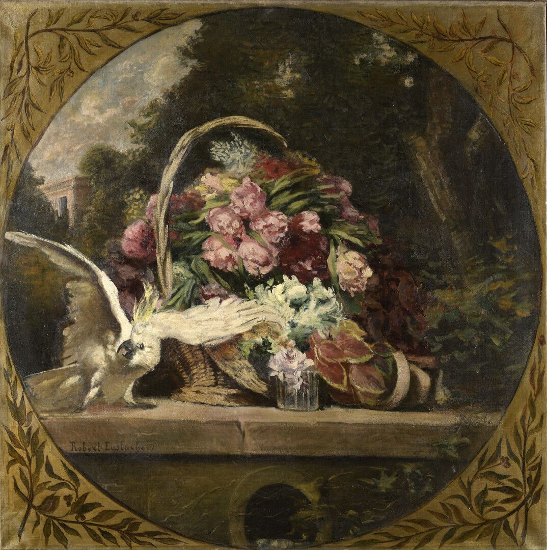 Null Robert EUSTACHE (19-20世纪)


凤头鹦鹉和篮子里的牡丹，在一个景观背景上


布面油画，左下方有签名和日期11。


126 &hellip;