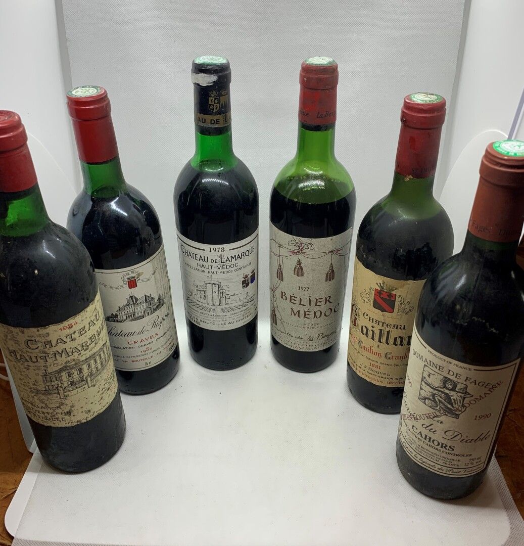 Null 6 bouteilles dont 1 Château HAUT-MARBUZET Saint-Estèphe 1984, base goulot, &hellip;