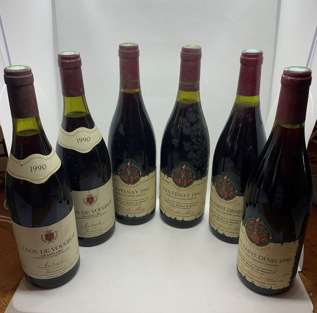 Null 6 bouteilles dont 2 CLOS VOUGEOT GRAND CRU 1990 de Montreynaud, 1 légèremen&hellip;