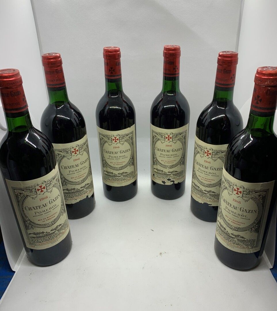 Null 6 bouteilles de Château GAZIN Pomerol 1986, 4 base goulot, étiquettes légèr&hellip;