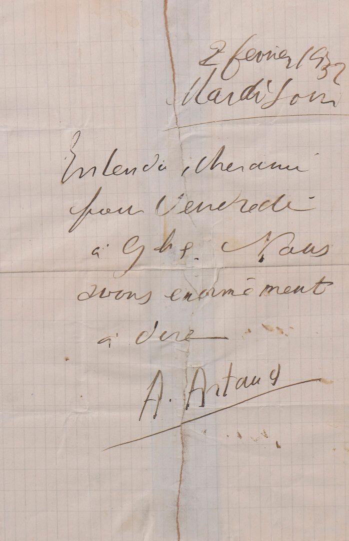 Null 阿尔塔德-安东尼[1896年，马赛-1948年，塞纳河畔伊夫里]，法国演员和作家。


	签署的亲笔信。1932年2月2日；1页in-8° (20,5&hellip;