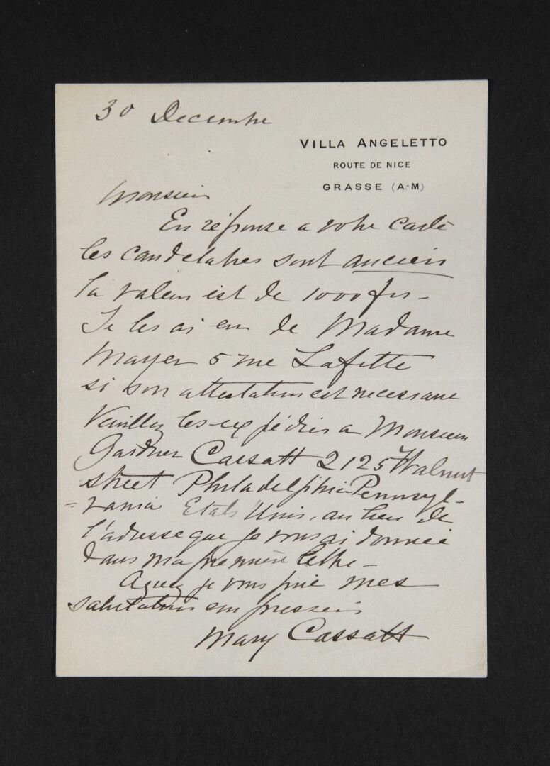 Null 卡萨特-玛丽[匹兹堡，1845年--勒梅斯尼-泰里布斯，1926年]，美国画家。


	签署的亲笔信。安热莱托别墅，格拉斯，12月30日；1页in-8&hellip;