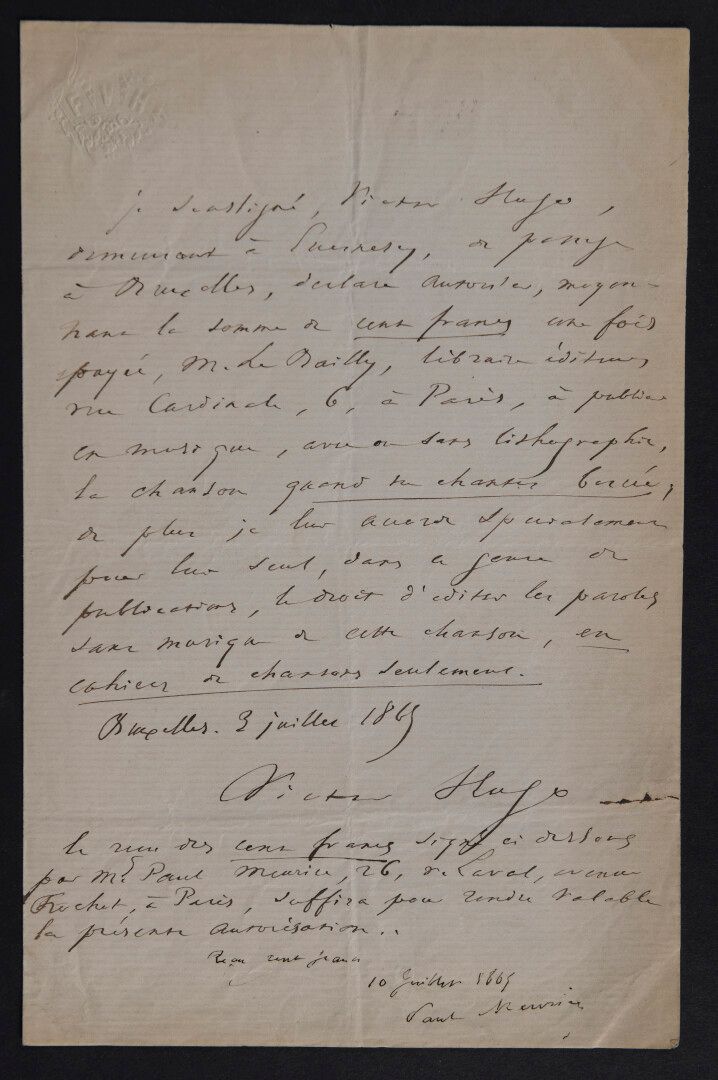 Null 胡戈-维克多[贝桑松，1802年-巴黎，1885年]，法国诗人和作家。


	亲笔签名。布鲁塞尔，1865年7月3日；1页in-8°。"我，下面签名的&hellip;