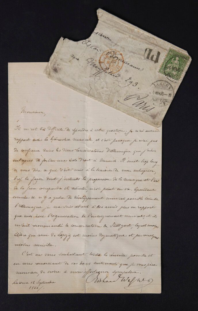 Null 瓦格纳-理查德 [1813年，莱比锡-1883年，威尼斯]，德国作曲家。


	签名信，致奥斯卡-伯恩曼。1页in-8°法语，附贴邮票的信封。"我很难&hellip;