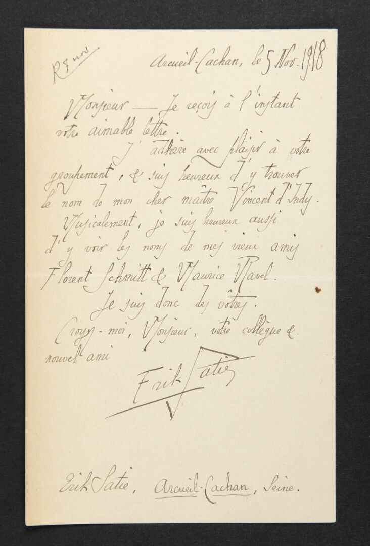 Null 萨蒂-埃里克（Alfred-Erik-Leslie Satie，dit）[1866年，洪弗勒-1925年，巴黎]，法国作曲家。


	签署的亲笔信。A&hellip;