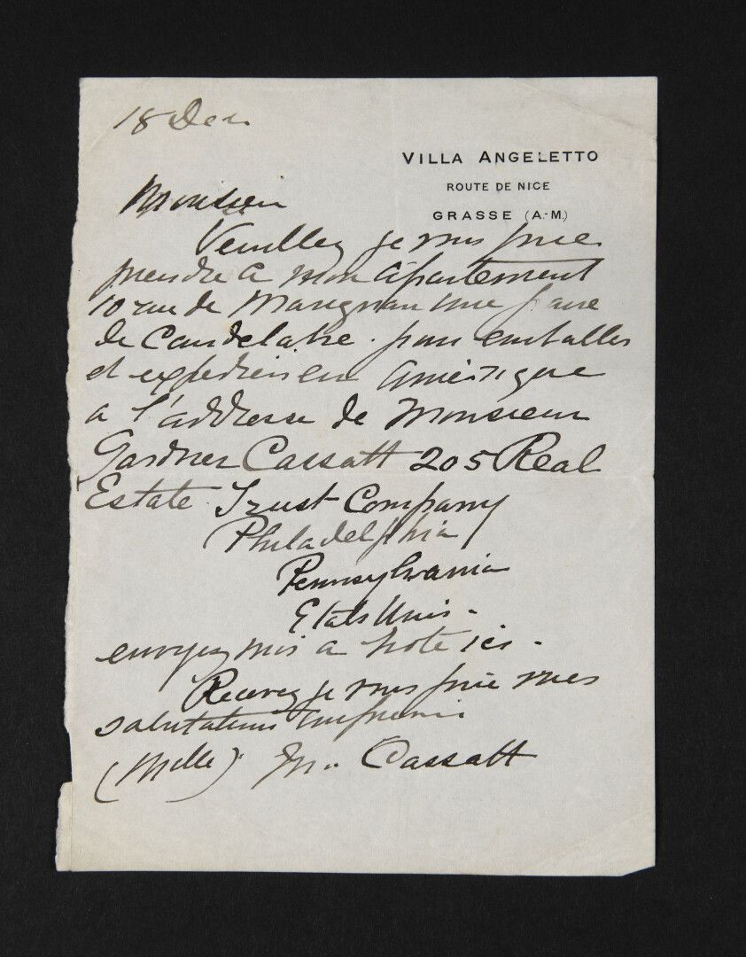 Null 卡萨特-玛丽[匹兹堡，1845年--勒梅斯尼-泰里布斯，1926年]，美国画家。


	签署的亲笔信。安热莱托别墅，格拉斯，12月18日；1页8开，法&hellip;