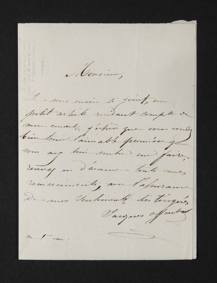 Null 奥芬巴赫-雅克 [科隆，1819-巴黎，1880]，法国作曲家。


	签署的亲笔信。未注明日期的 "5月1日"；1页in-8°。


	"我随函寄给&hellip;