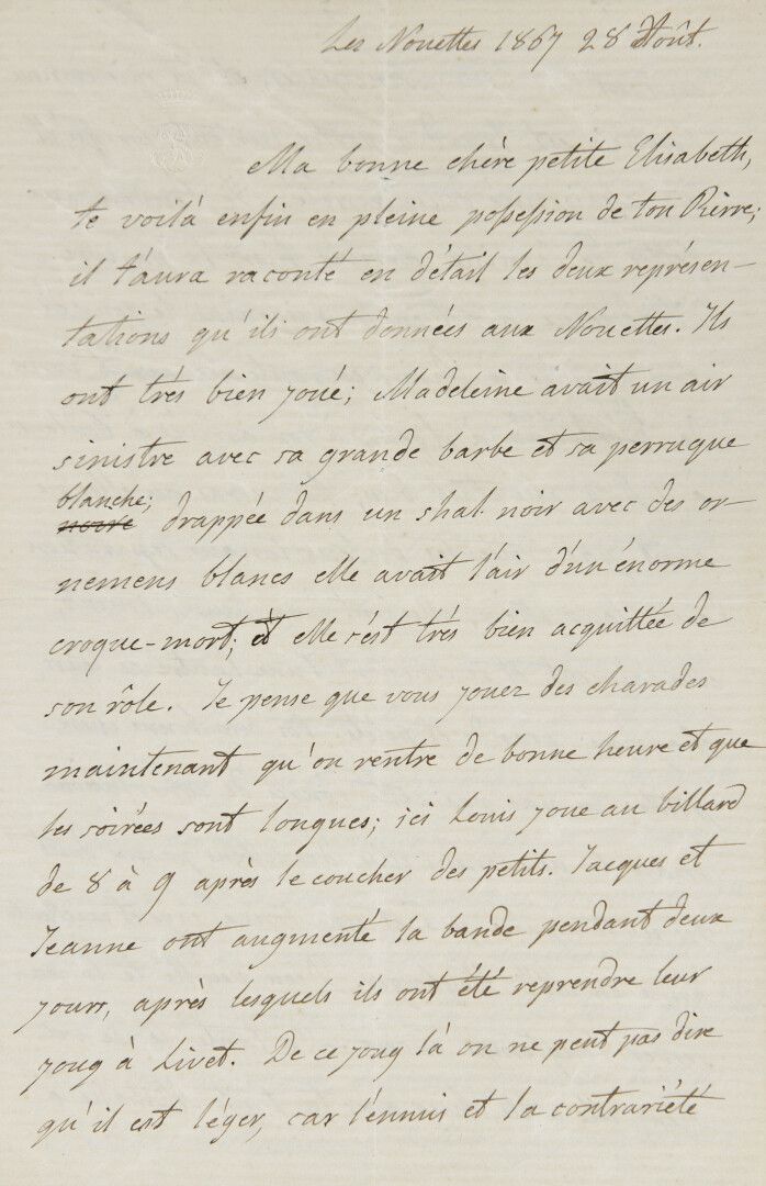 Null 塞古尔-索菲-罗斯托普钦伯爵夫人[1799年，圣彼得堡-1874年，巴黎]，法国作家。


	亲笔信[写给伊丽莎白-弗雷斯诺]。"Les Nouett&hellip;
