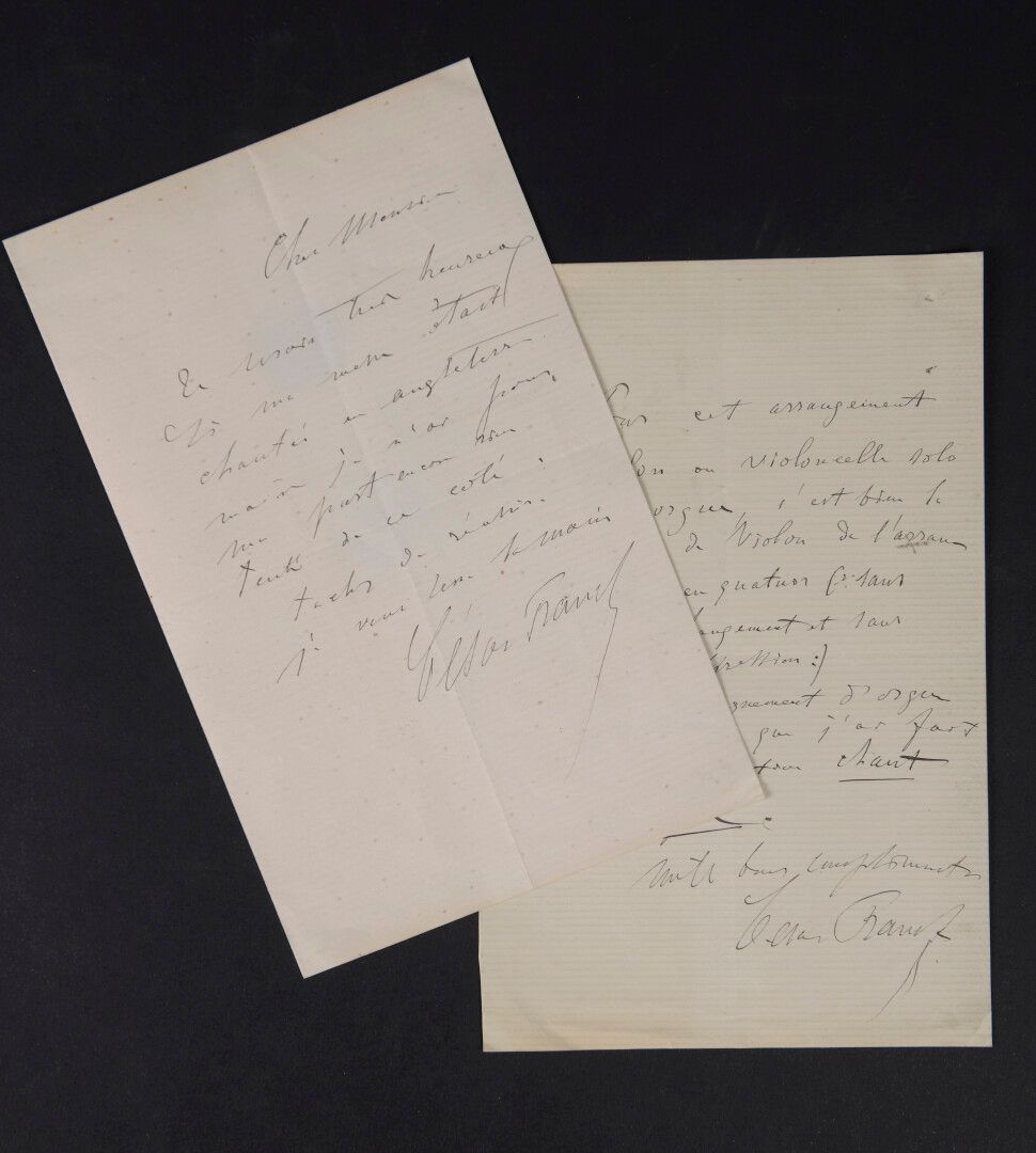 Null 弗朗克-塞萨尔 [Liège, 1822 - Paris, 1890], 法国作曲家。


	一套2封签名的亲笔信。无日期；尺寸为8英寸。


	 "&hellip;