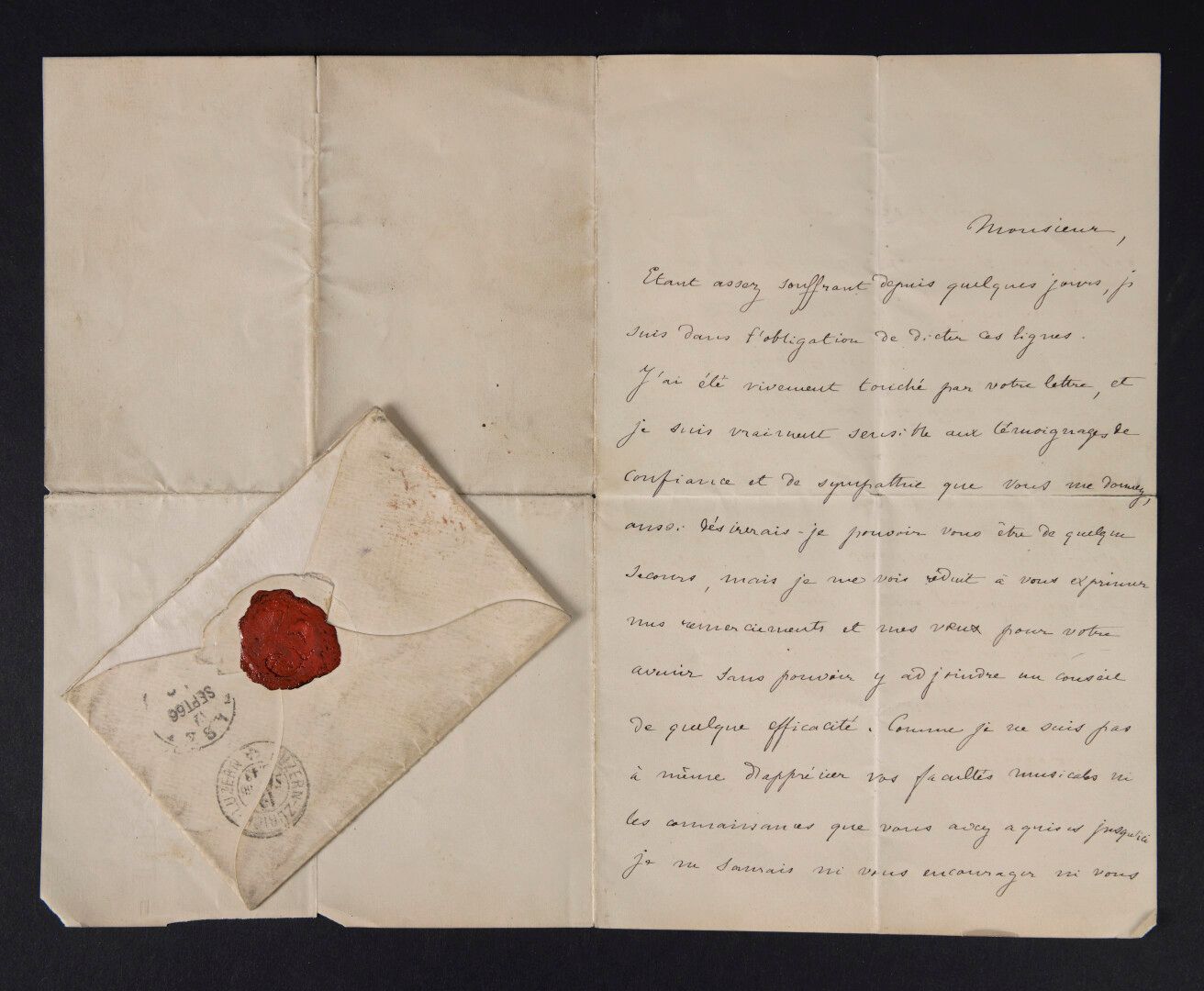 Null 瓦格纳-理查德 [1813年，莱比锡-1883年，威尼斯]，德国作曲家。


	签名信，致奥斯卡-伯恩曼。2页，8°法语，附邮票信封。


	"由于几&hellip;