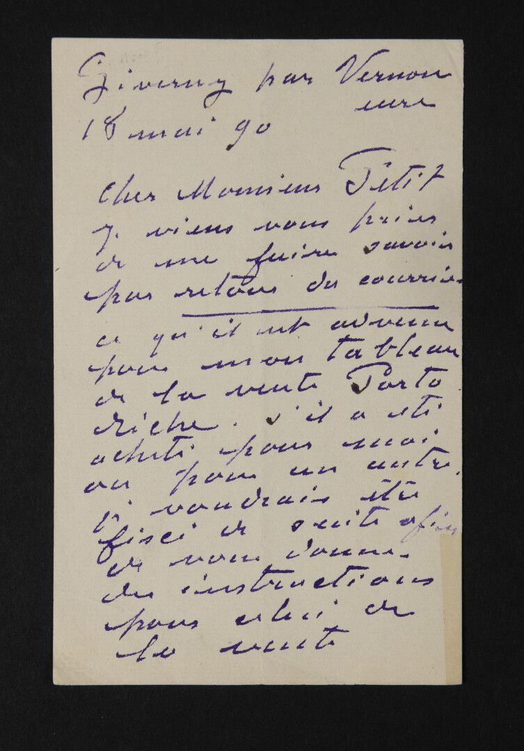 Null 莫内-克劳德[1840年，巴黎-1926年，吉维尼]，法国画家。


	签名的亲笔信，写给M. Petit。维尔农的吉维尼，1890年5月18日；1 &hellip;