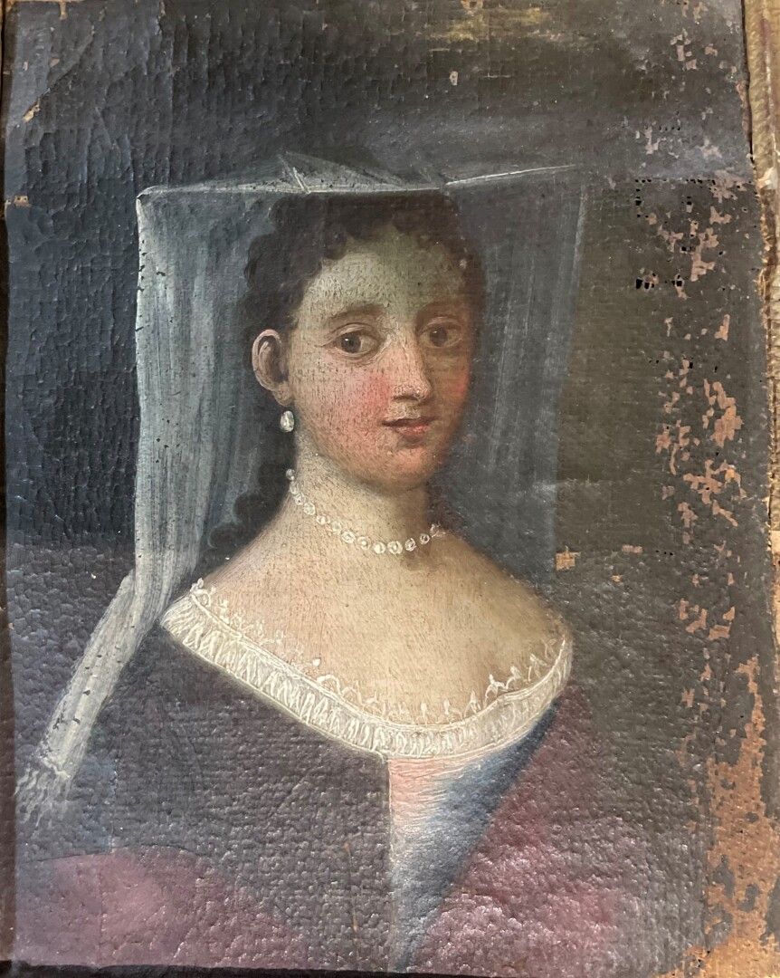 Null 19世纪的法国学校

戴着白纱的女人肖像

粘贴在画板上的油彩

22,5 x 16,5 cm

非常损坏。