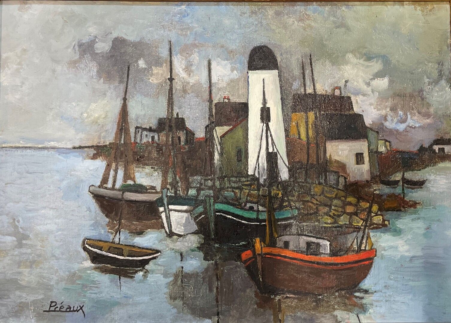 Null 雷蒙-普雷奥 (1916-1997)

灯塔附近停泊的渔船

布面油画，左下方有签名。

33 x 46 厘米