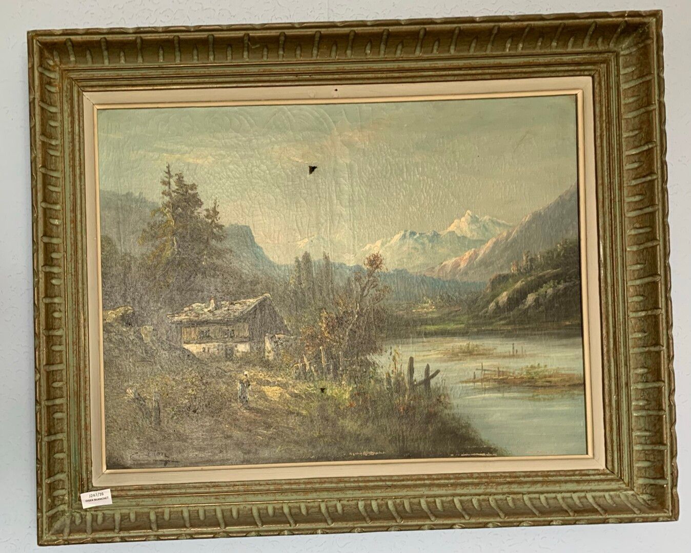 Null 克劳德-莱昂（活跃于20世纪）。

靠近山间湖泊的木屋

布面油画。

左下方有签名。

事故。

H.48厘米 - 长63厘米