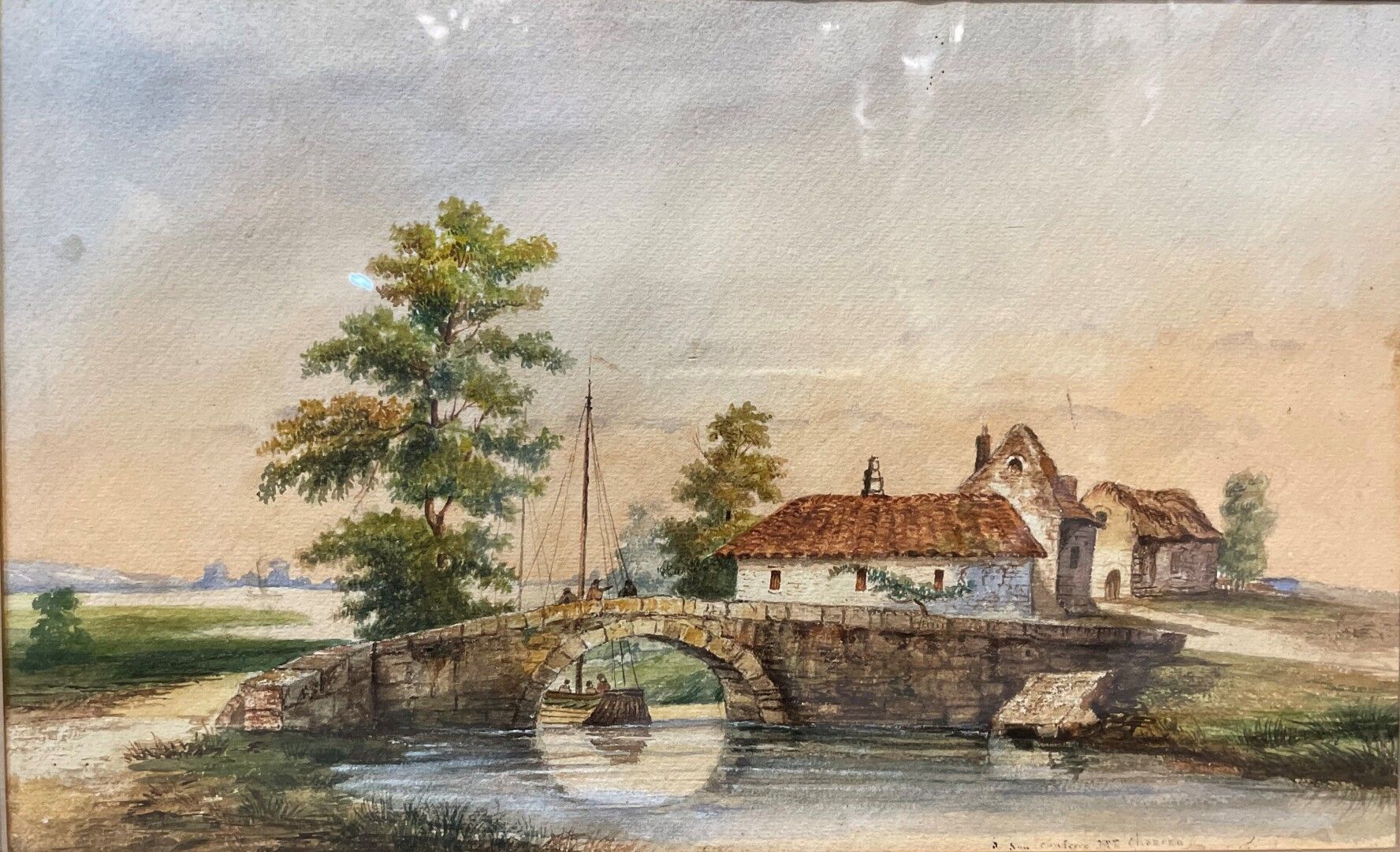 Null 19世纪的法国学校

"有桥的风景

水彩画的右下角有 "献给他的同事Chazeau "的字样。

23,5 x 38 cm (见图)
