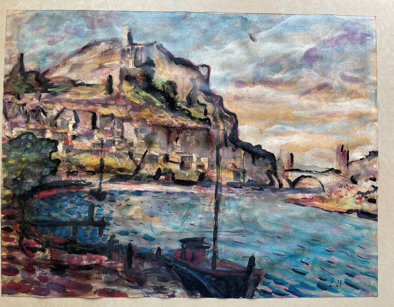 Null 20世纪的法国学校

海湾的景色

纸上水粉画贴在纸板上，右下角有签名和日期 "L 23"。

44 x 57,5 cm