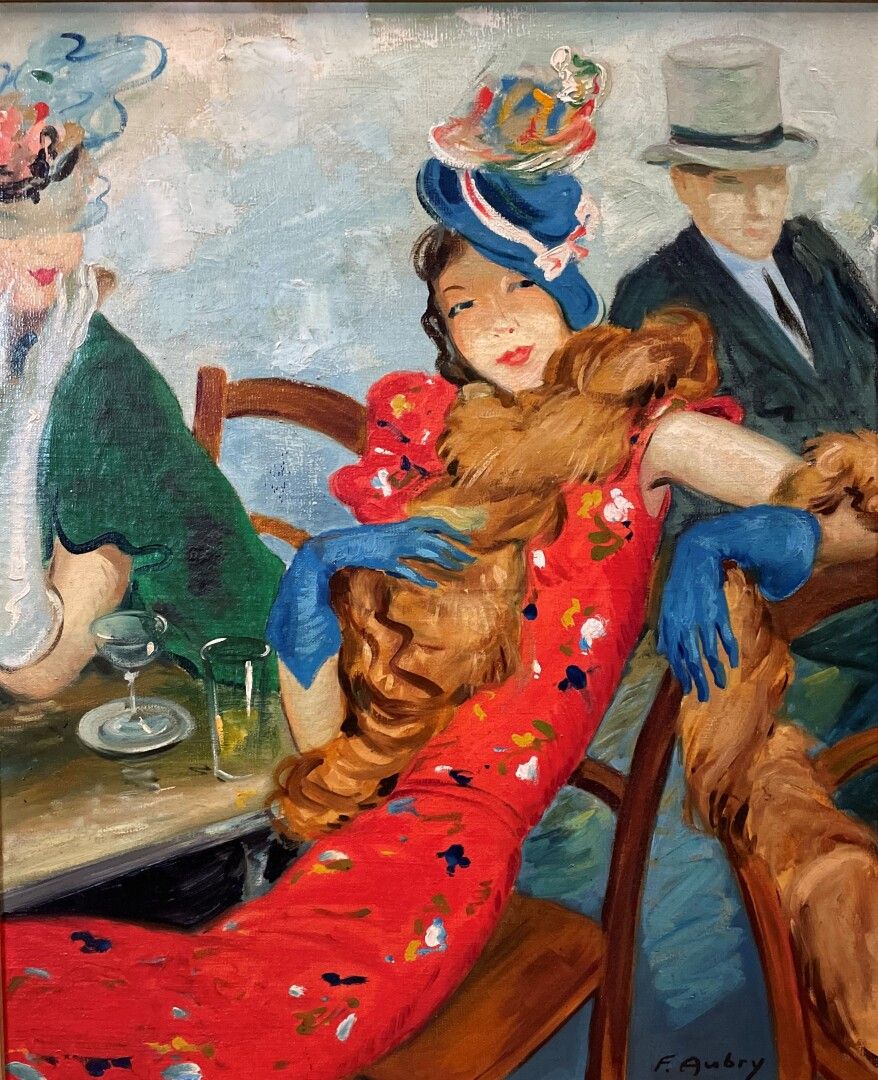 Null F.奥布赖（活跃于20世纪）。

咖啡馆里的优雅女性

木板上的油画，右下角有签名。



58 x 47.5厘米