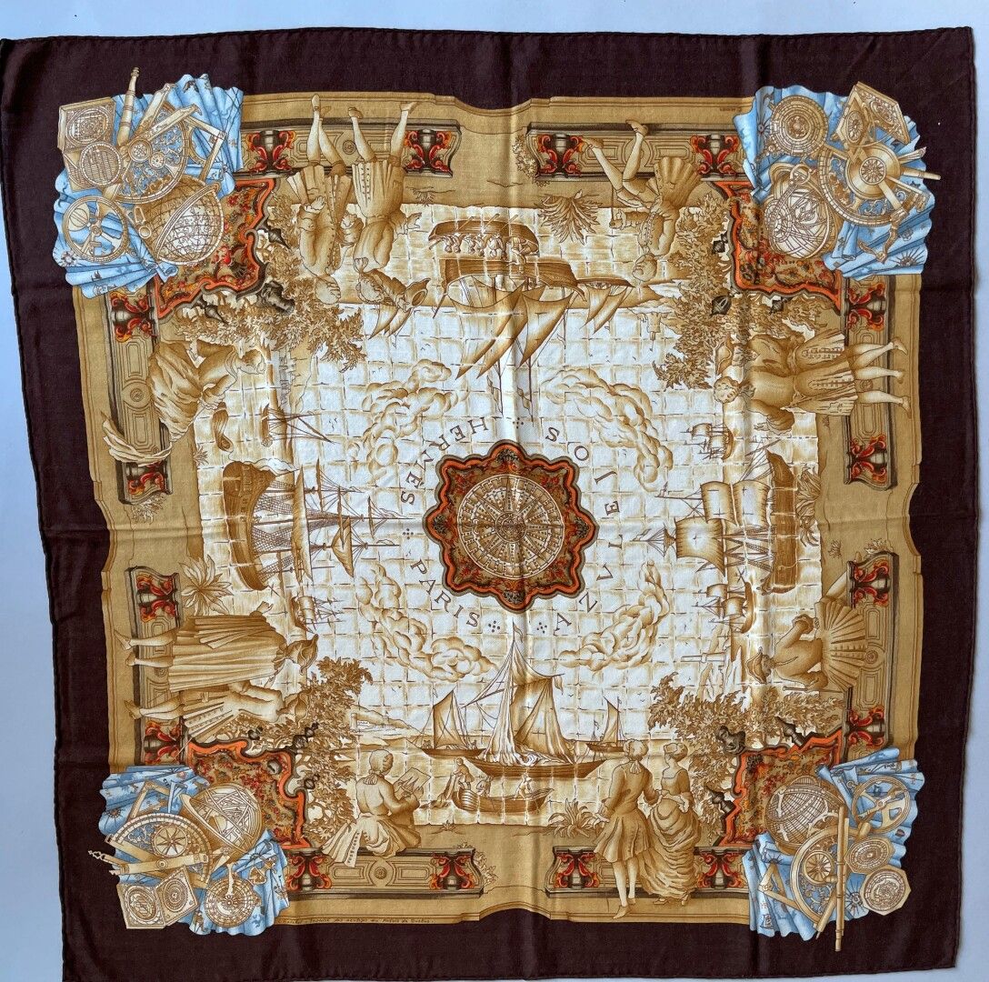 Null HERMES巴黎

米色背景和棕色边缘的羊绒和丝绸方块，标题为 "Azulejos"。