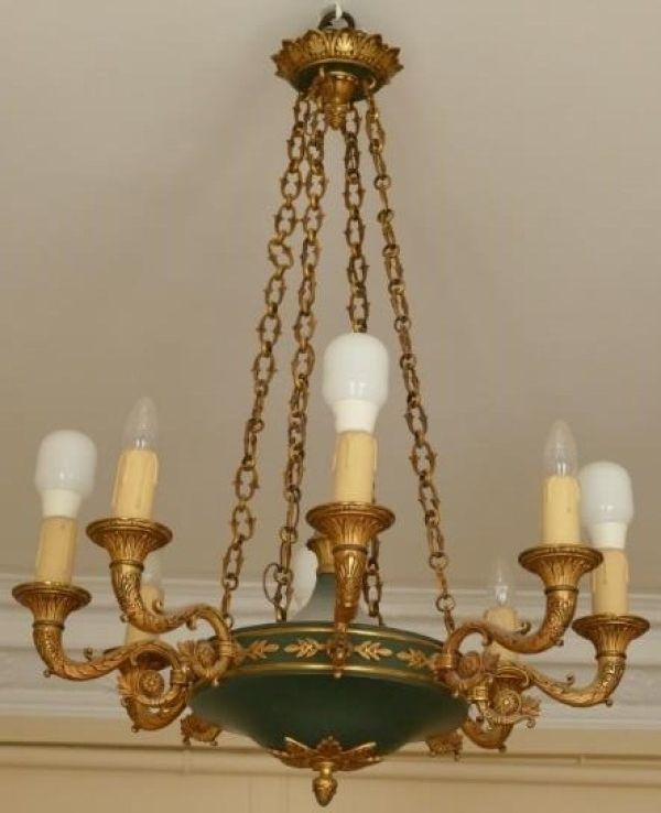Null Importante suspension en bronze doré et tôle verte en forme de lampes à hui&hellip;
