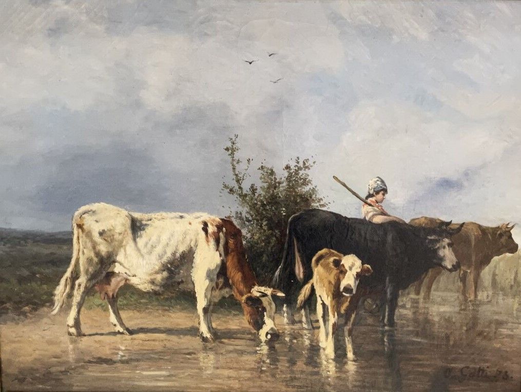 Null Annibale GATTI (1828-1909) 

La gardienne de vaches

Huile sur toile signée&hellip;