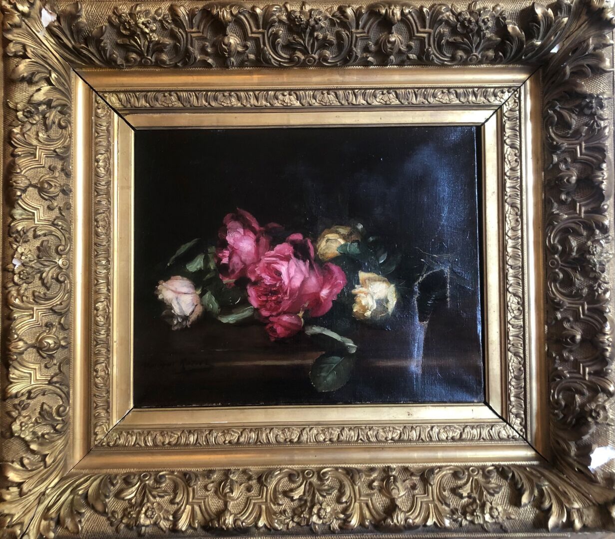 Null 多米尼克-罗齐尔 (1840-1901)

抛撒玫瑰花

布面油画，左下方有签名。

32,5 x 41 cm

木质框架和镀金灰泥

事故，洞。