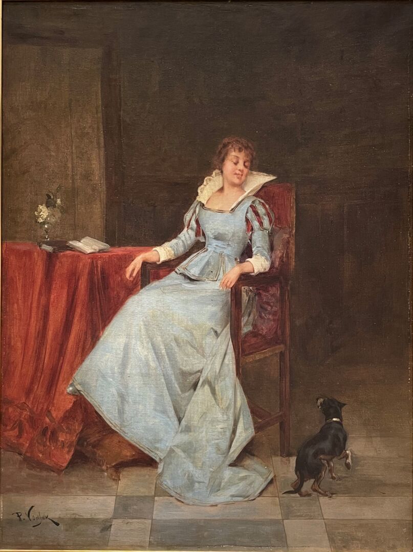 Null Paul VOGLER (1852-1904)

Junge Frau mit Hund 

Im Stil des Troubadour

Öl a&hellip;