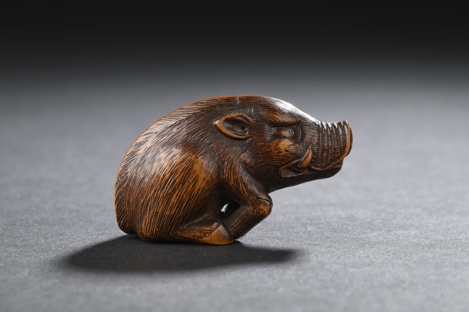 Null 日本 - 19世纪
木制网饰，坐着的野猪。签名为Tomomichi。 
H.4厘米