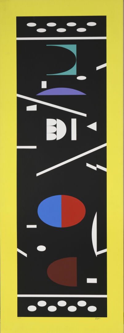 Null 亚科夫-阿甘 (生于1928年)
[动感十足的构图--黄色边框]。
丝网印刷。1200 x 360毫米 - [1334 x 493毫米]。
彩色印制。&hellip;