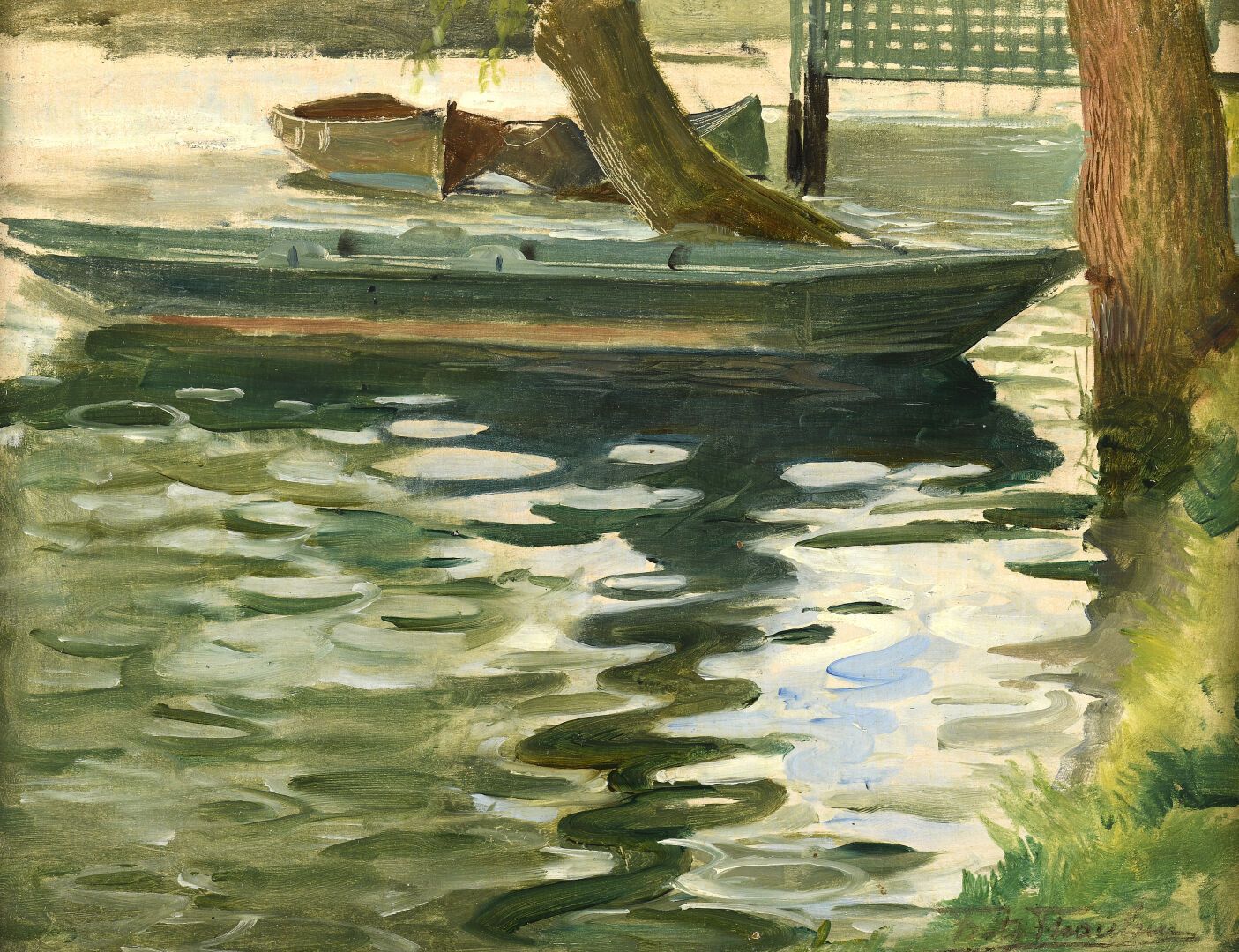 Null 弗里茨-陶乐 (1847-1906)
河边的船 
面板油画，右下角有签名。
25 x 33 cm