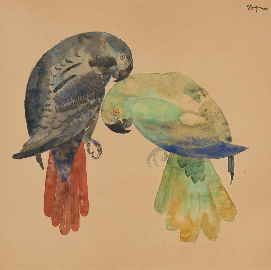 Null Georges GUYOT (1885-1972)
一对鹦鹉
纸上水彩和墨水，右上角签名
右，日期为1922年。
40 x 41 cm (展出)