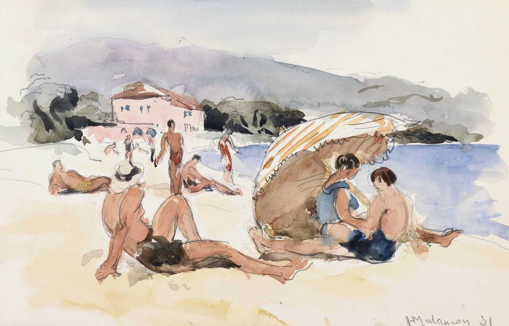Null Henri MALANCON (1876-1960) 
在海滩上，1931年
纸上水彩画，右下方有签名和日期。
21 x 31.5厘米