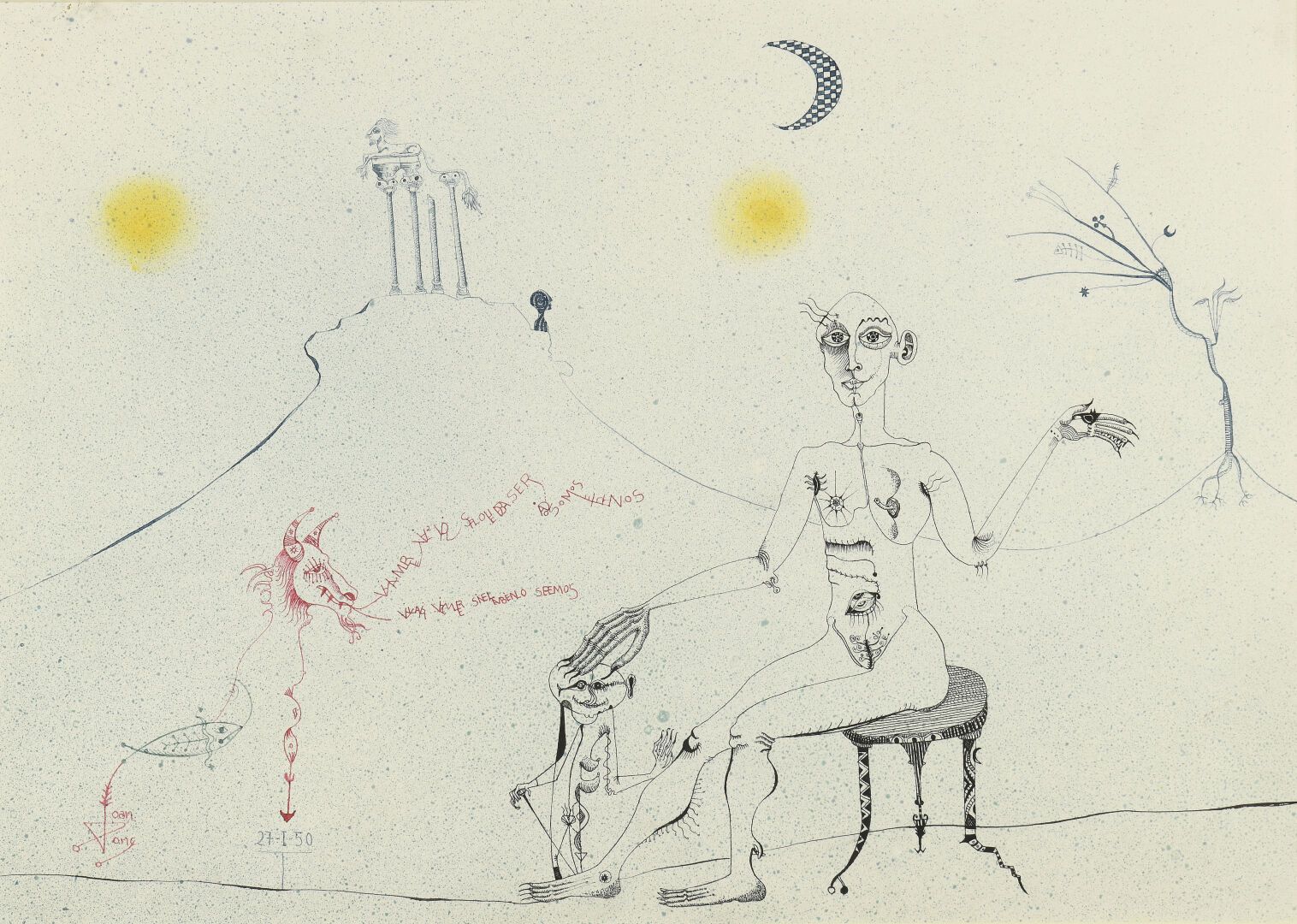 Null 琼-庞克-博内特(1927-1984)
月亮下的人物，1950年
印度水墨画，水彩画和彩色墨水画
纸上签名，左下角有日期
"Joan Ponc / 2&hellip;