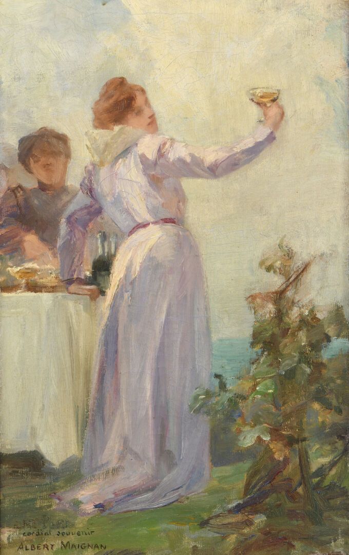 Null 阿尔贝-皮埃尔-勒内-马尼昂 (1845-1908)
拿着酒杯的年轻女子 
布面油画，左下角有签名和题字。
41 x 25,5 cm