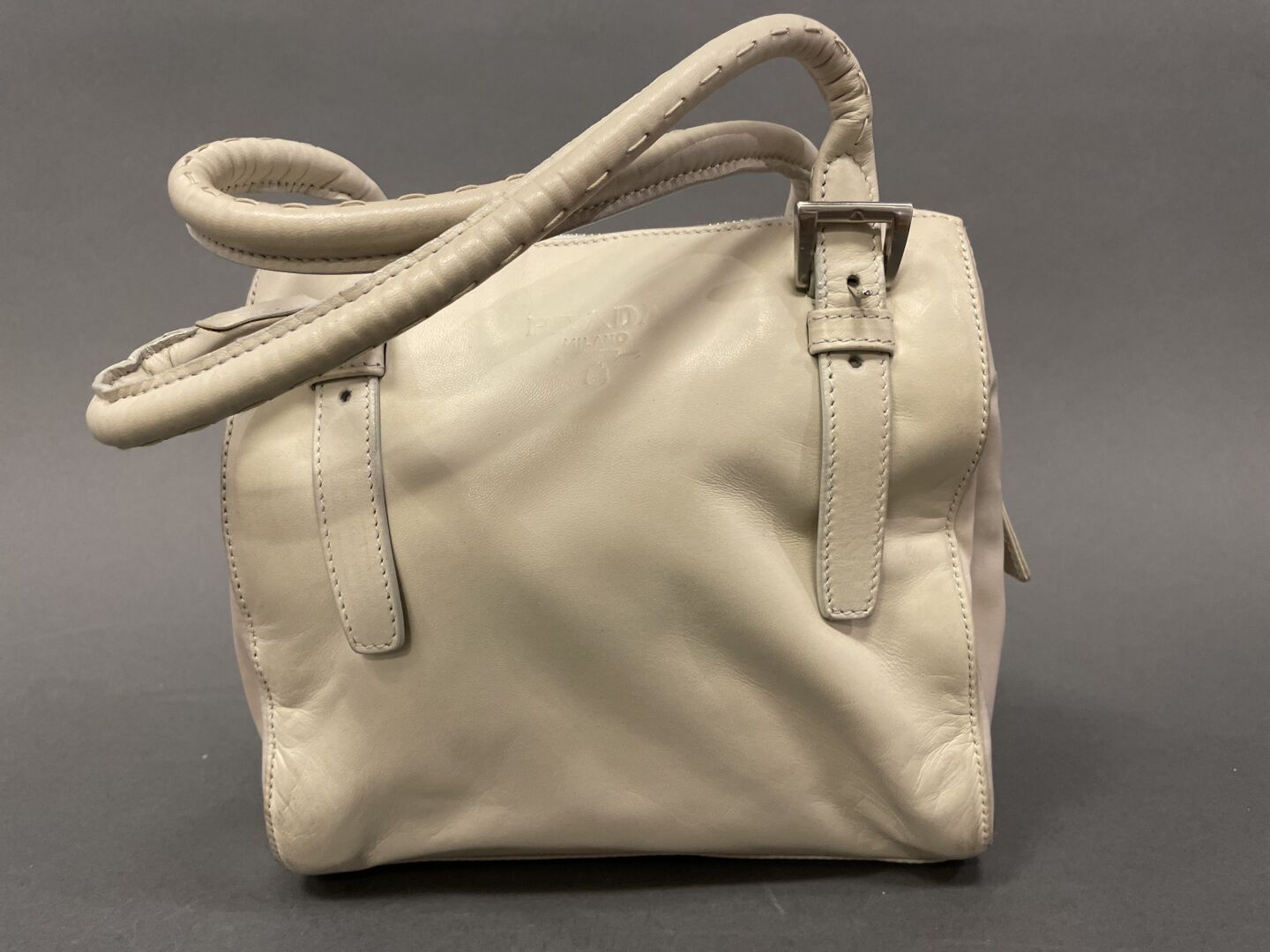 PRADA 20 cm bag in ecru leather and nylon, double handle…