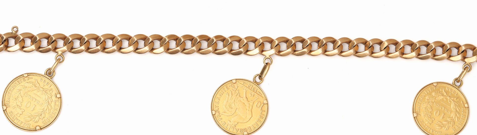 Null Gurmetten-Kettenarmband aus Gelbgold, verziert mit drei 10 Fr Goldmünzen ( &hellip;