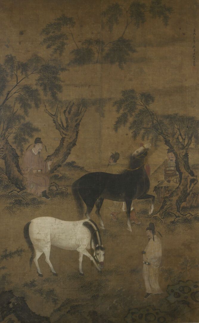 Null CHINA - 17th / 18th century
Ink and colors on silk, three scholars and a gr&hellip;