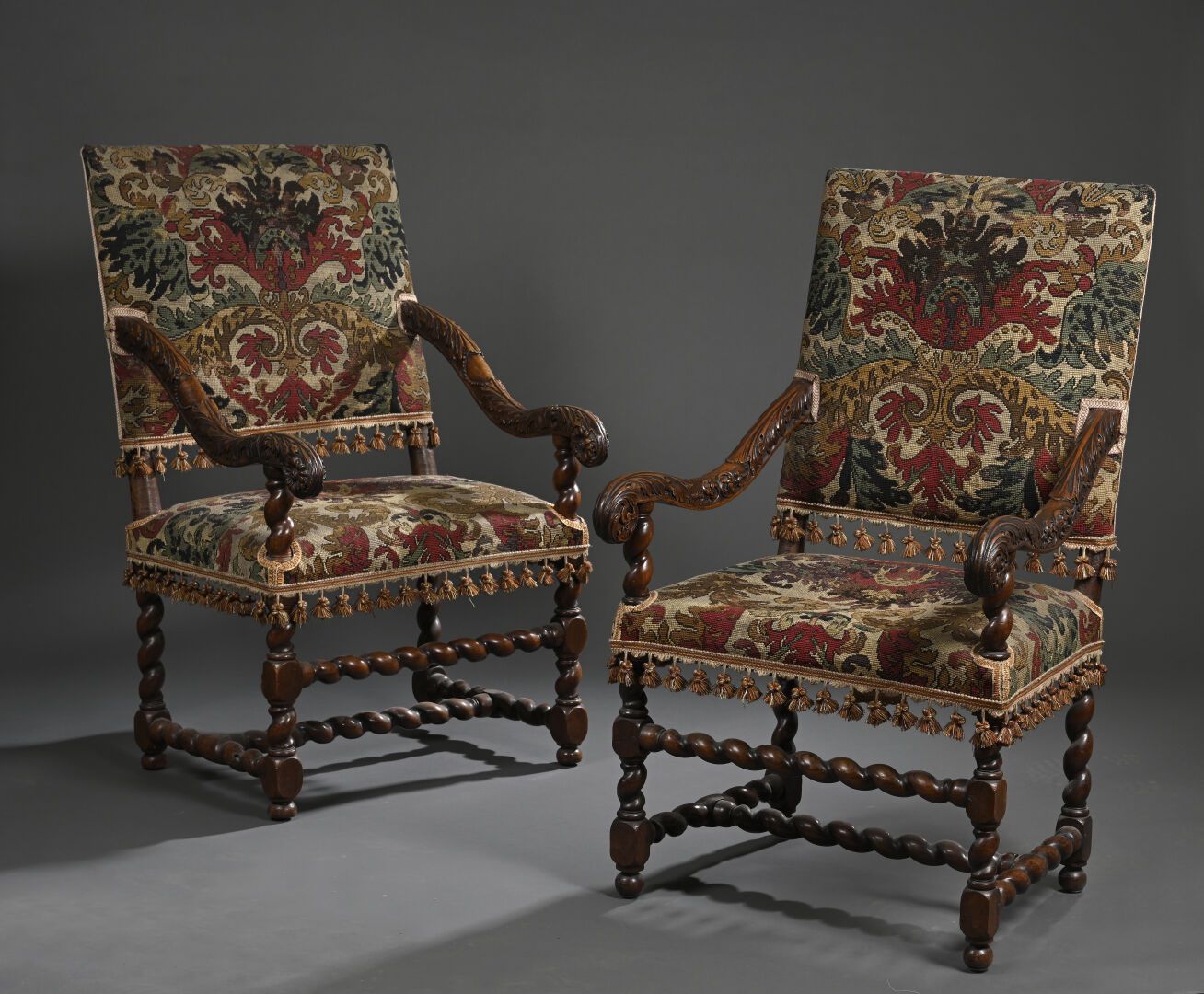 Null Reunion of two high flat-back armchairs in molded and carved or turned waln&hellip;