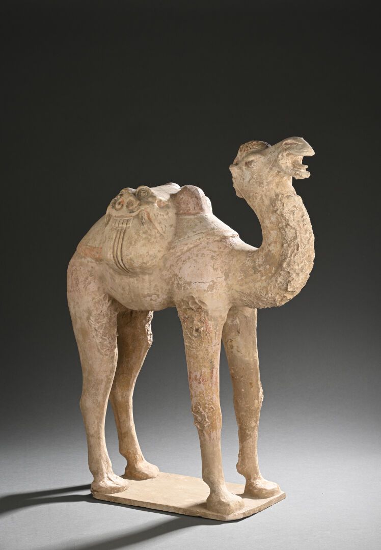 Null 中国 - 唐朝（618-907 年）
大型陶制骆驼，有多彩的痕迹，站立，口中念念有词，背上背着两个饰有饕餮头的大袋子。
H.高 63 厘米长 52 厘&hellip;