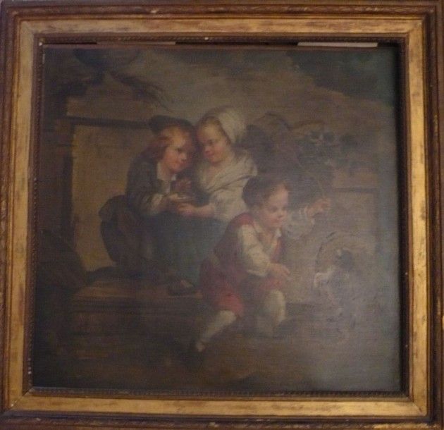 Ecole Anglaise du XVIIIe siècle Enfants jouant avec un chien Huile sur toile