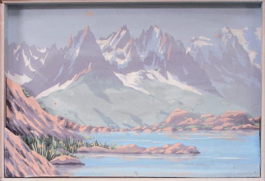 MOUKY Lac de montagne. Tableau en bois sculpté et peint. Signé en bas à droite. &hellip;