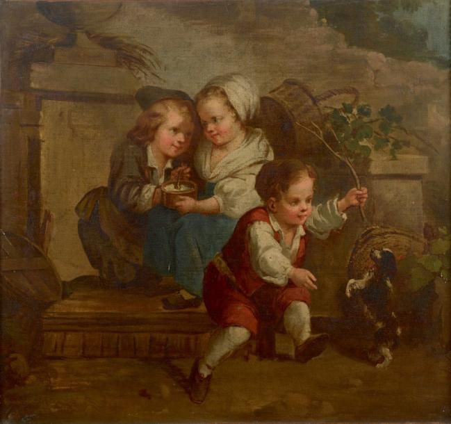 Ecole Anglaise du XVIIIe siècle Enfants jouant avec un chien Huile sur toile. 64&hellip;
