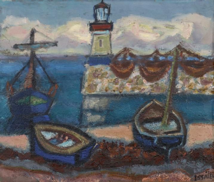 Nicolas ISSAIEV (1891-1977) Barques devant la jetée Huile sur carton signée en b&hellip;
