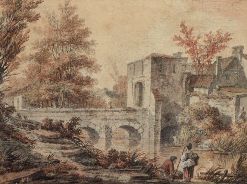 Ecole Flamande du XVIIIe siècle Couple de pêcheurs près d'un pont en pierre Lavi&hellip;