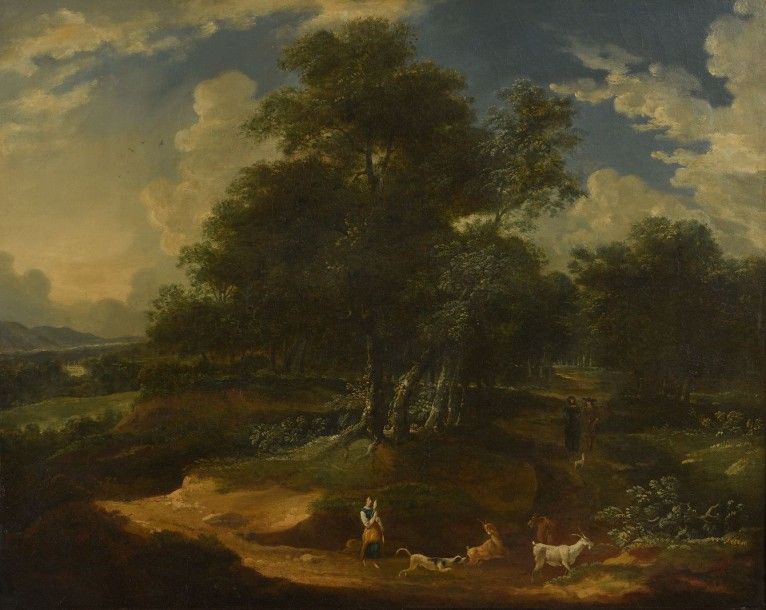 Ecole Flamande du XVIIIe siècle 
Paysage de forêt avec une bergère, des chiens e&hellip;