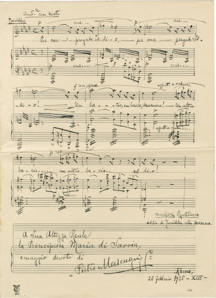 MASCAGNI Pietro [Livourne, 1863 - Rome, 1945], compositeur italien.
Pièce musica&hellip;
