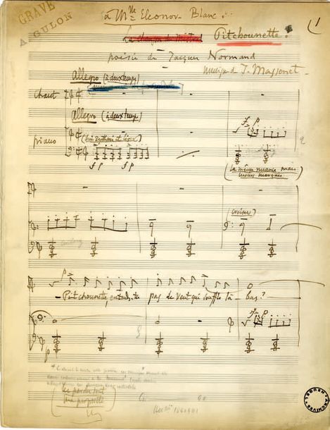 MASSENET Jules [Montaud, 1842 - Paris, 1912], compositeur français.
Manuscrit mu&hellip;