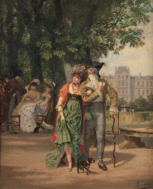 Léon Joseph VOIRIN (Nancy 1833-1887) Couple d'élégants dans les jardins du Luxem&hellip;