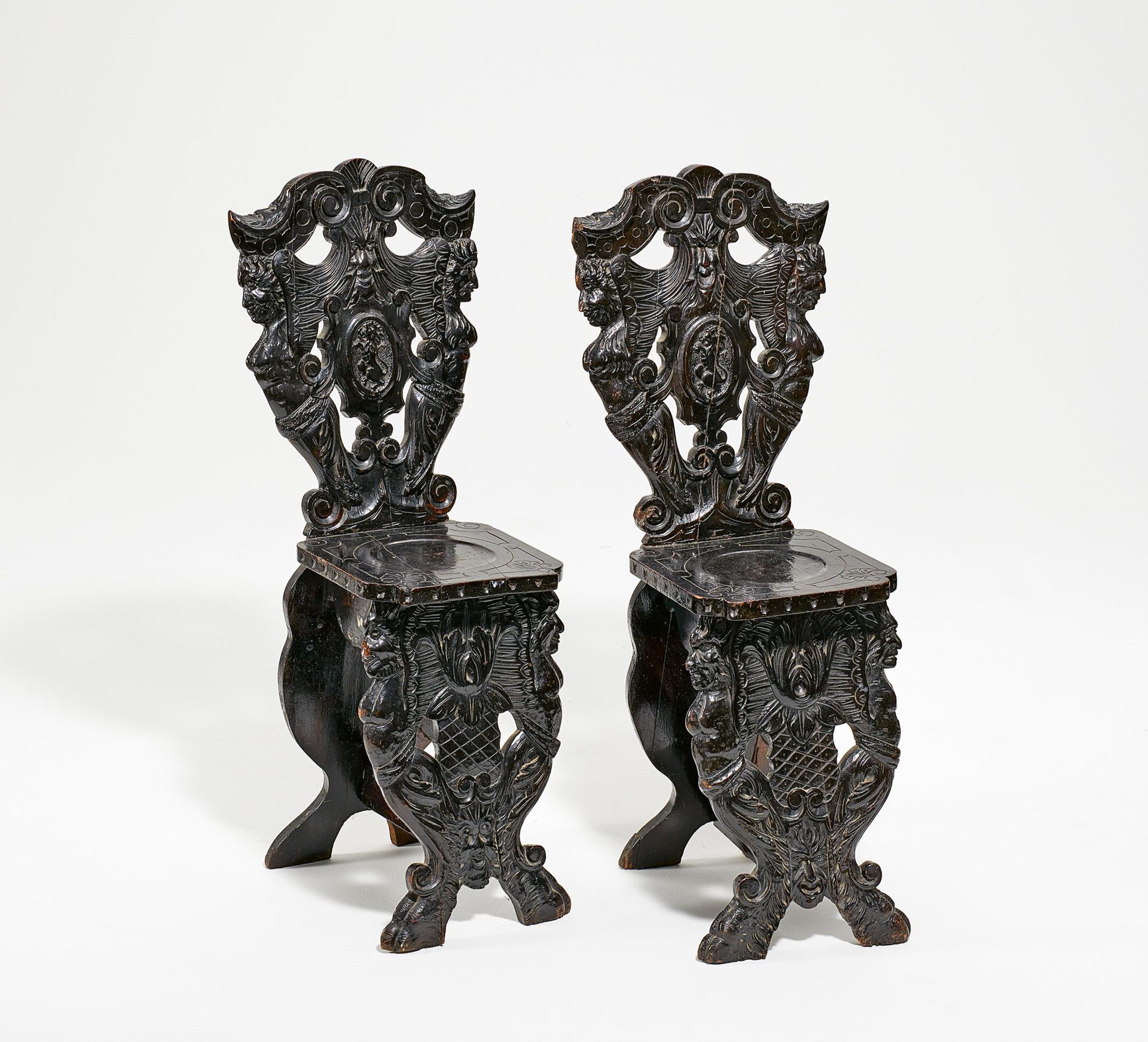 Upper Italy PAIR OF WOODEN BOARD CHAIRS DECORATED WITH GROTESQUES. 

Upper Italy&hellip;
